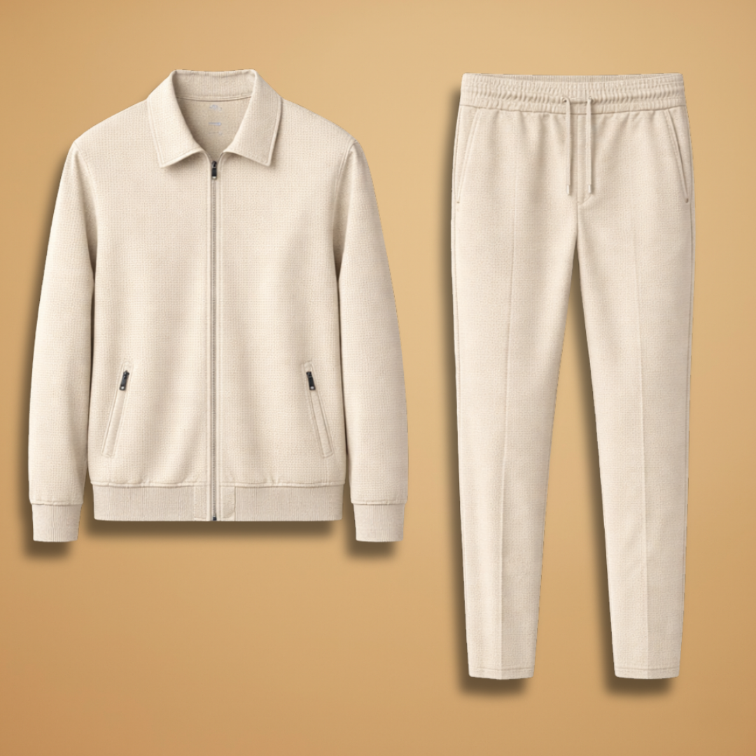 Kai | Men's Casual Cream Zip Jacket Two Piece Set
