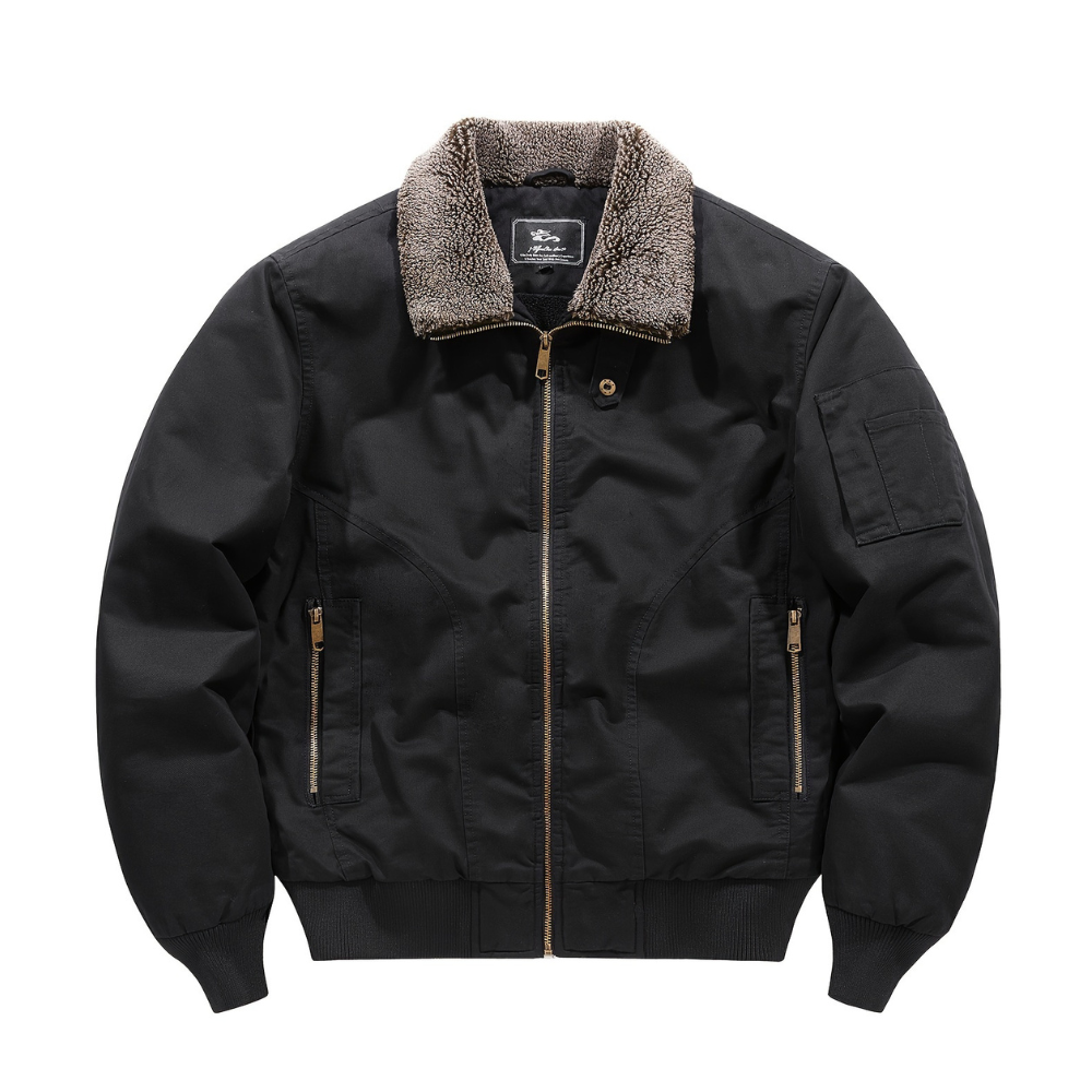 Briony | Women's Luxe Black Zip Up Shearling Collar Bomber Jacket
