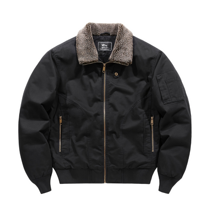 Briony | Women's Luxe Black Zip Up Shearling Collar Bomber Jacket