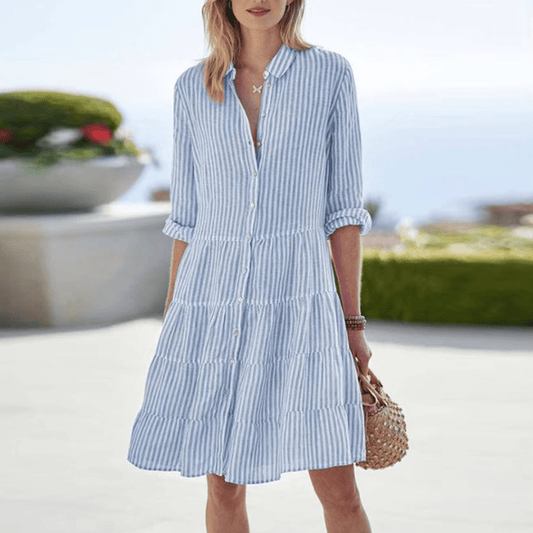 Evelyn | Elegant Striped Button Front Midi Dress in Dark Tones - Charcoal Grey, Pleated