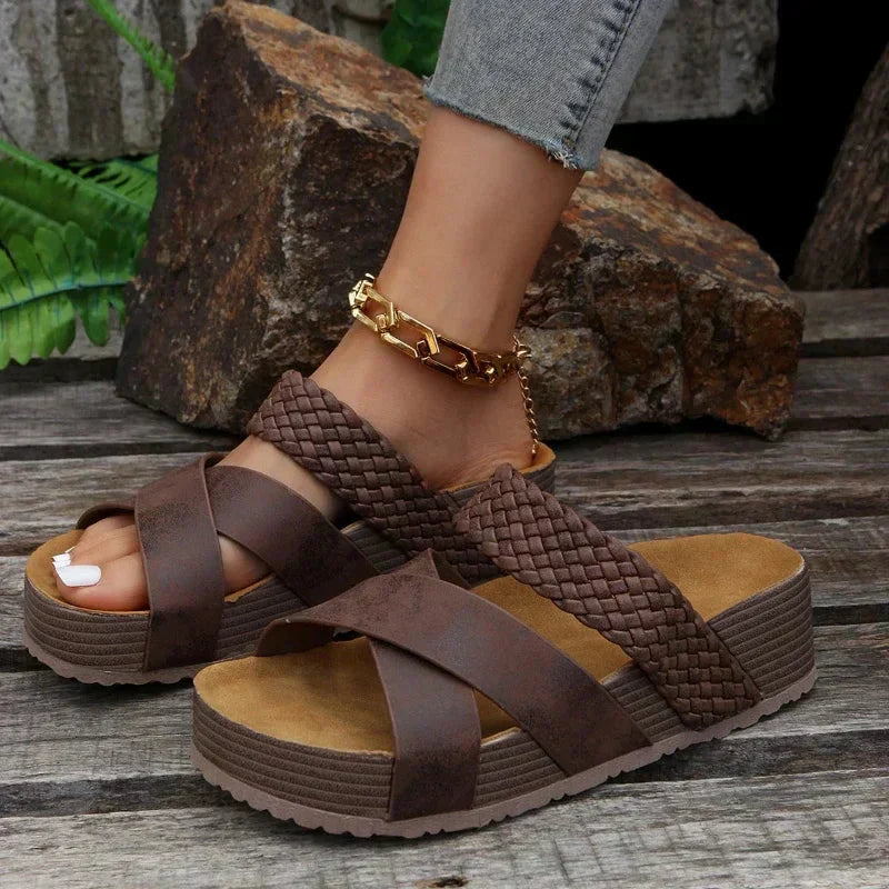 Calantha | Brown Woven Strap Orthopedic Platform Sandals