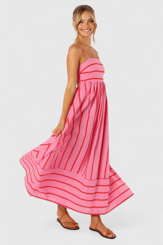 Calantha | Soft Pink Striped Elegant Maxi Dress