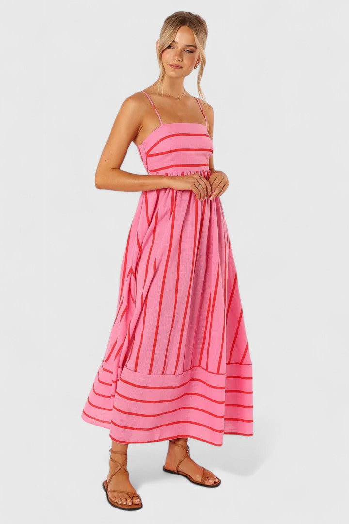 Calantha | Soft Pink Striped Elegant Maxi Dress