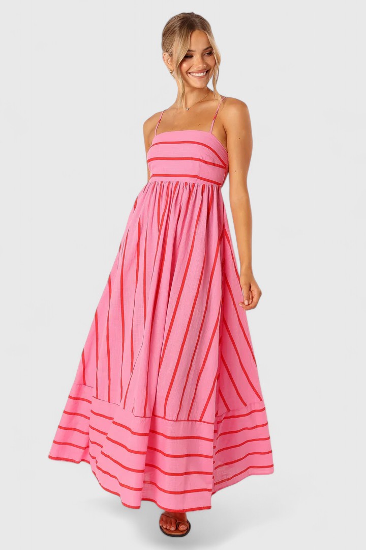 Calantha | Soft Pink Striped Elegant Maxi Dress