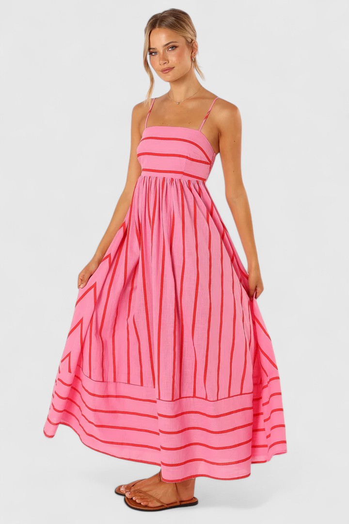Calantha | Soft Pink Striped Elegant Maxi Dress