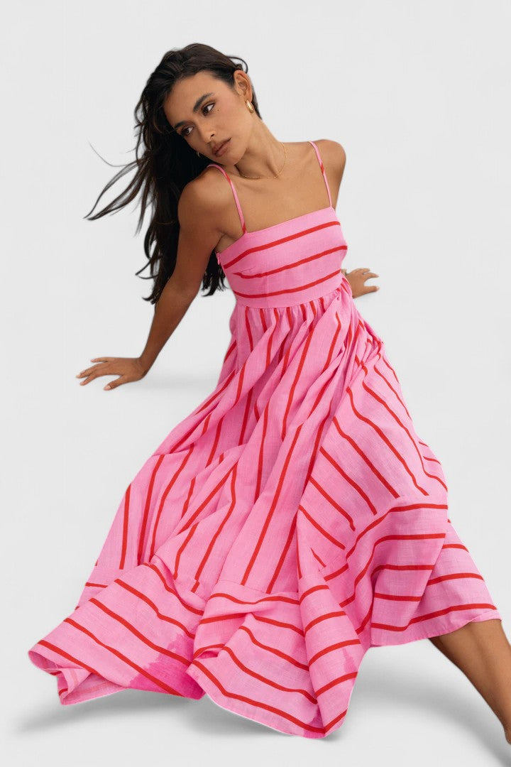 Calantha | Soft Pink Striped Elegant Maxi Dress