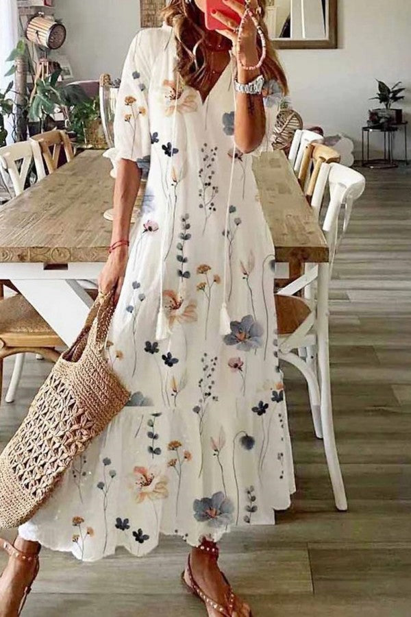 Calista | Women's Boho Floral Short Sleeve Maxi Dress in White Linen