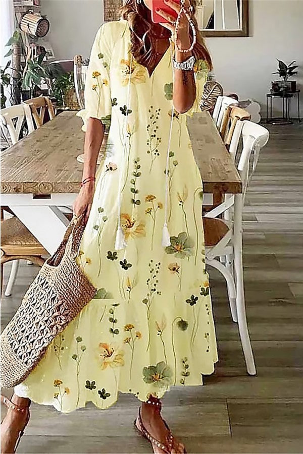 Calista | Women's Boho Floral Short Sleeve Maxi Dress in White Linen