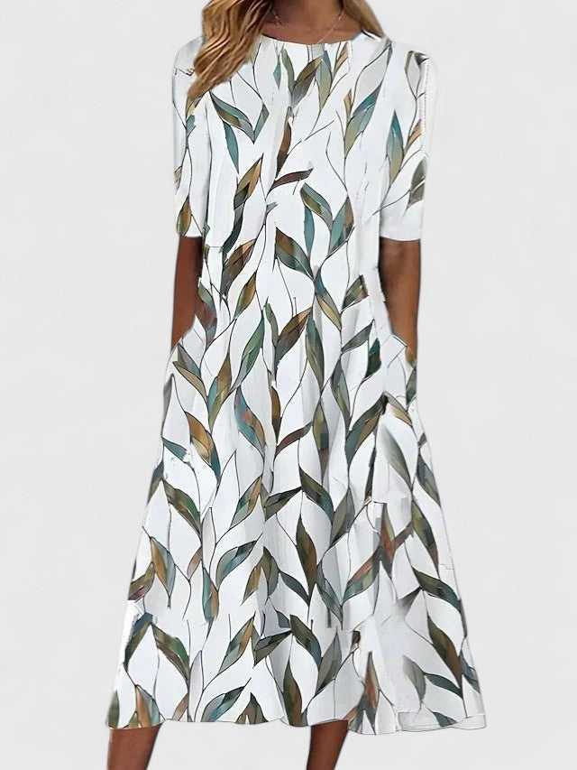 Calantha | Elegant White & Blue Floral Sophisticated Midi Dress