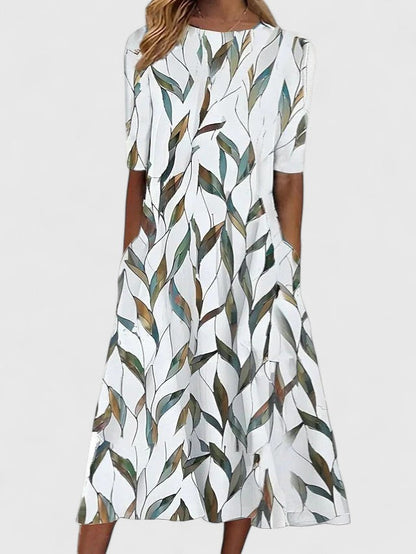 Calantha | Elegant White & Blue Floral Sophisticated Midi Dress