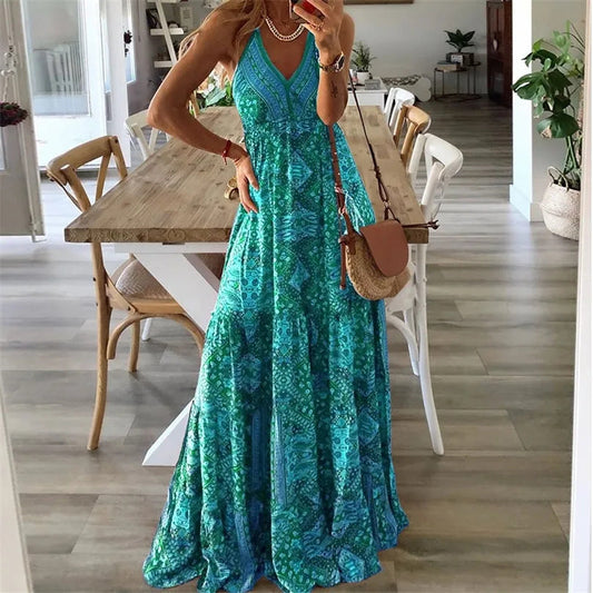 Astrid | Women's V Neck Boho Flowy Draped Teal Maxi Dress