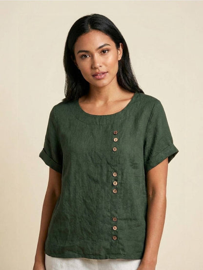 Alethea | Elegant Olive Women’s Linen Round Neck Button Blouse
