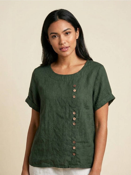 Alethea | Elegant Olive Women’s Linen Round Neck Button Blouse