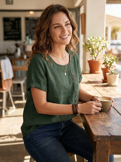Alethea | Elegant Olive Women’s Linen Round Neck Button Blouse