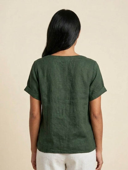 Alethea | Elegant Olive Women’s Linen Round Neck Button Blouse