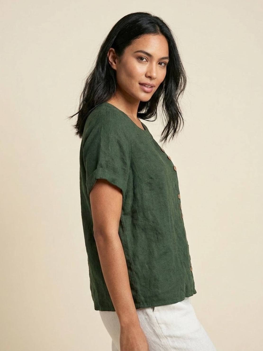 Alethea | Elegant Olive Women’s Linen Round Neck Button Blouse