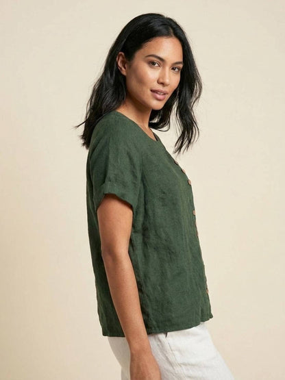 Alethea | Elegant Olive Women’s Linen Round Neck Button Blouse