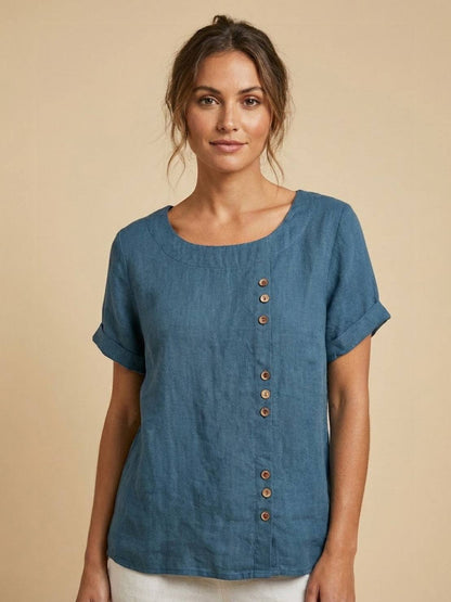 Alethea | Elegant Olive Women’s Linen Round Neck Button Blouse