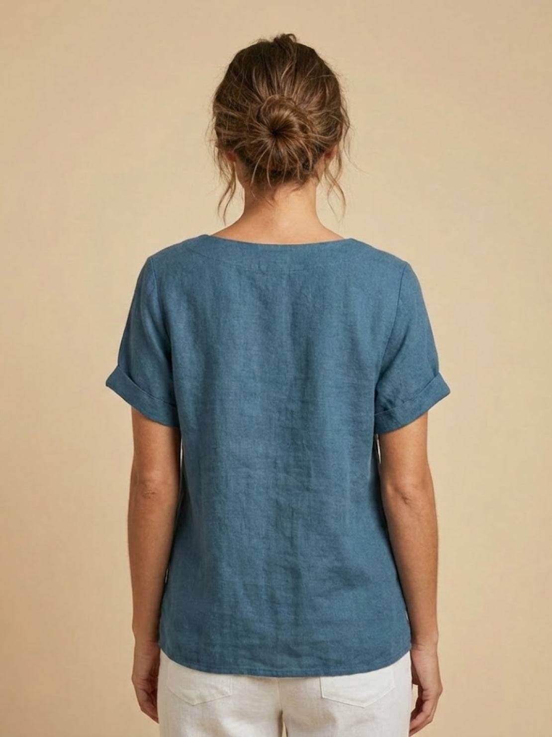 Alethea | Elegant Olive Women’s Linen Round Neck Button Blouse
