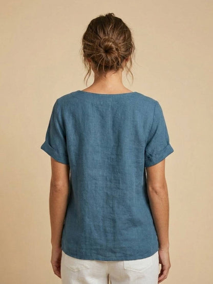 Alethea | Elegant Olive Women’s Linen Round Neck Button Blouse