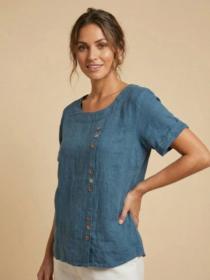 Alethea | Elegant Olive Women’s Linen Round Neck Button Blouse