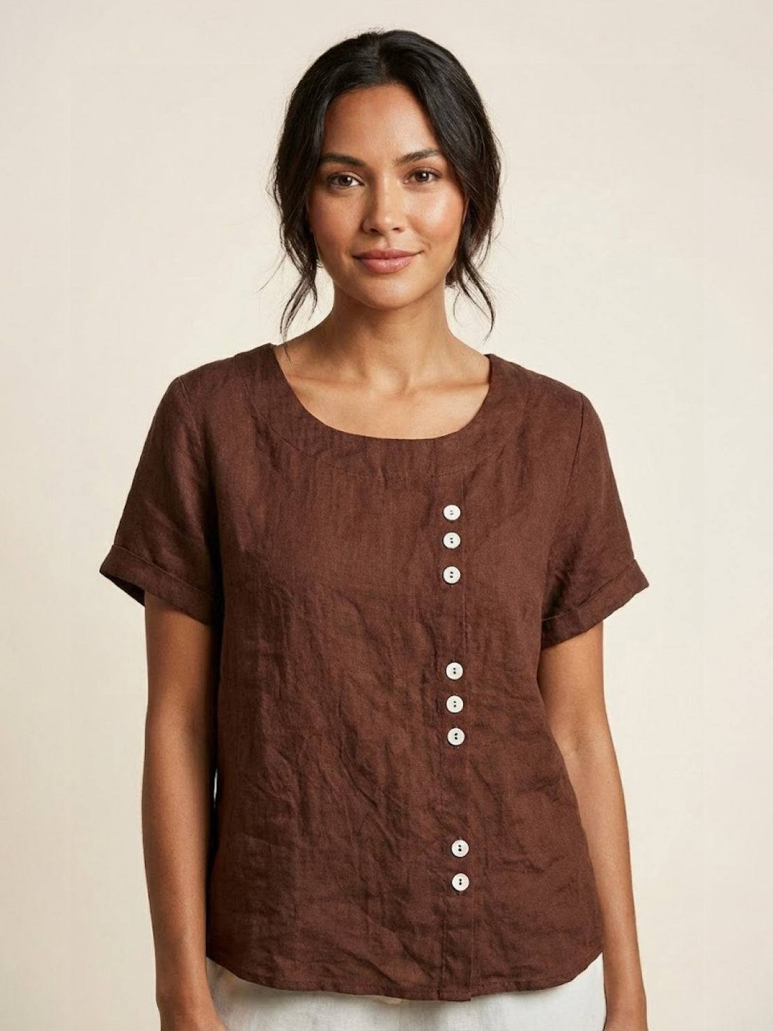Alethea | Elegant Olive Women’s Linen Round Neck Button Blouse