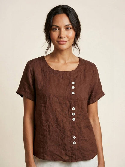 Alethea | Elegant Olive Women’s Linen Round Neck Button Blouse
