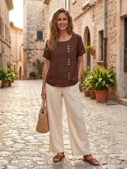 Alethea | Elegant Olive Women’s Linen Round Neck Button Blouse