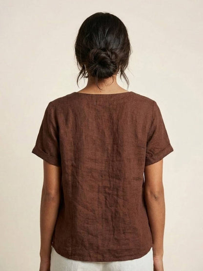Alethea | Elegant Olive Women’s Linen Round Neck Button Blouse