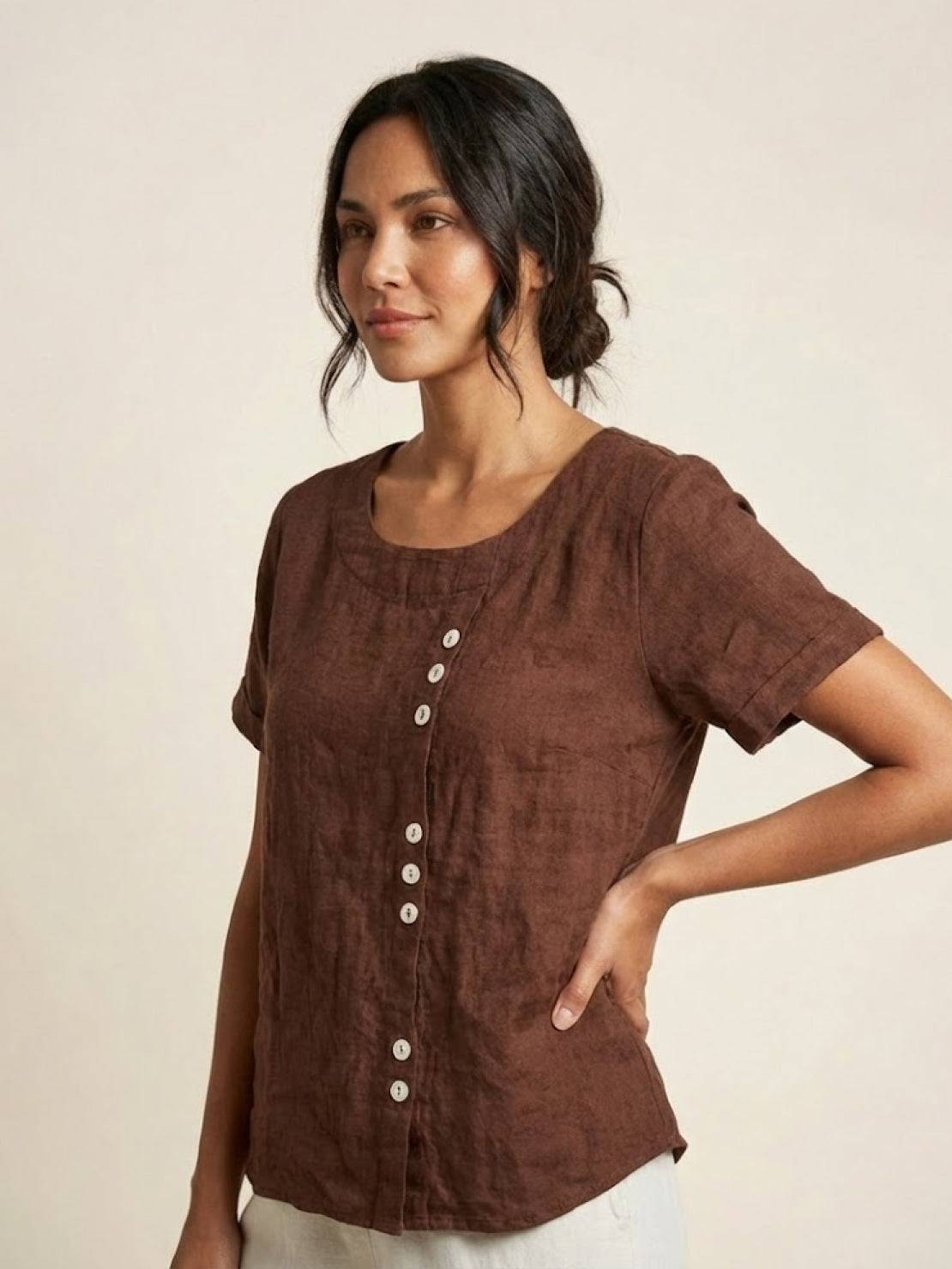 Alethea | Elegant Olive Women’s Linen Round Neck Button Blouse