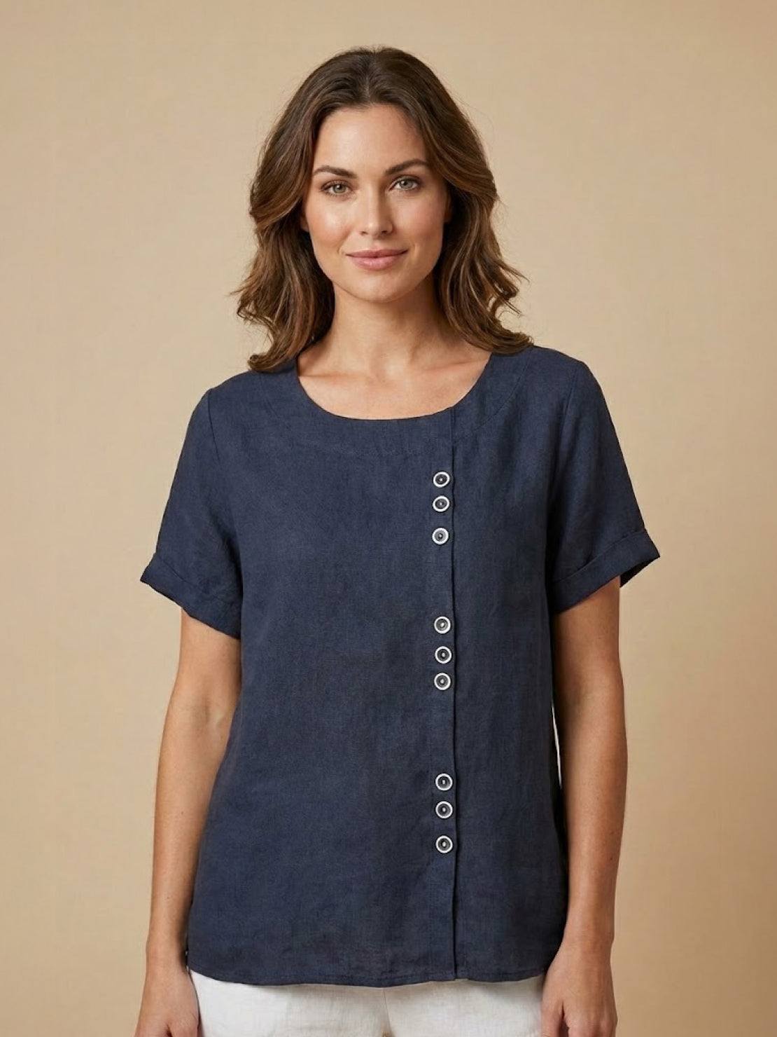 Alethea | Elegant Olive Women’s Linen Round Neck Button Blouse