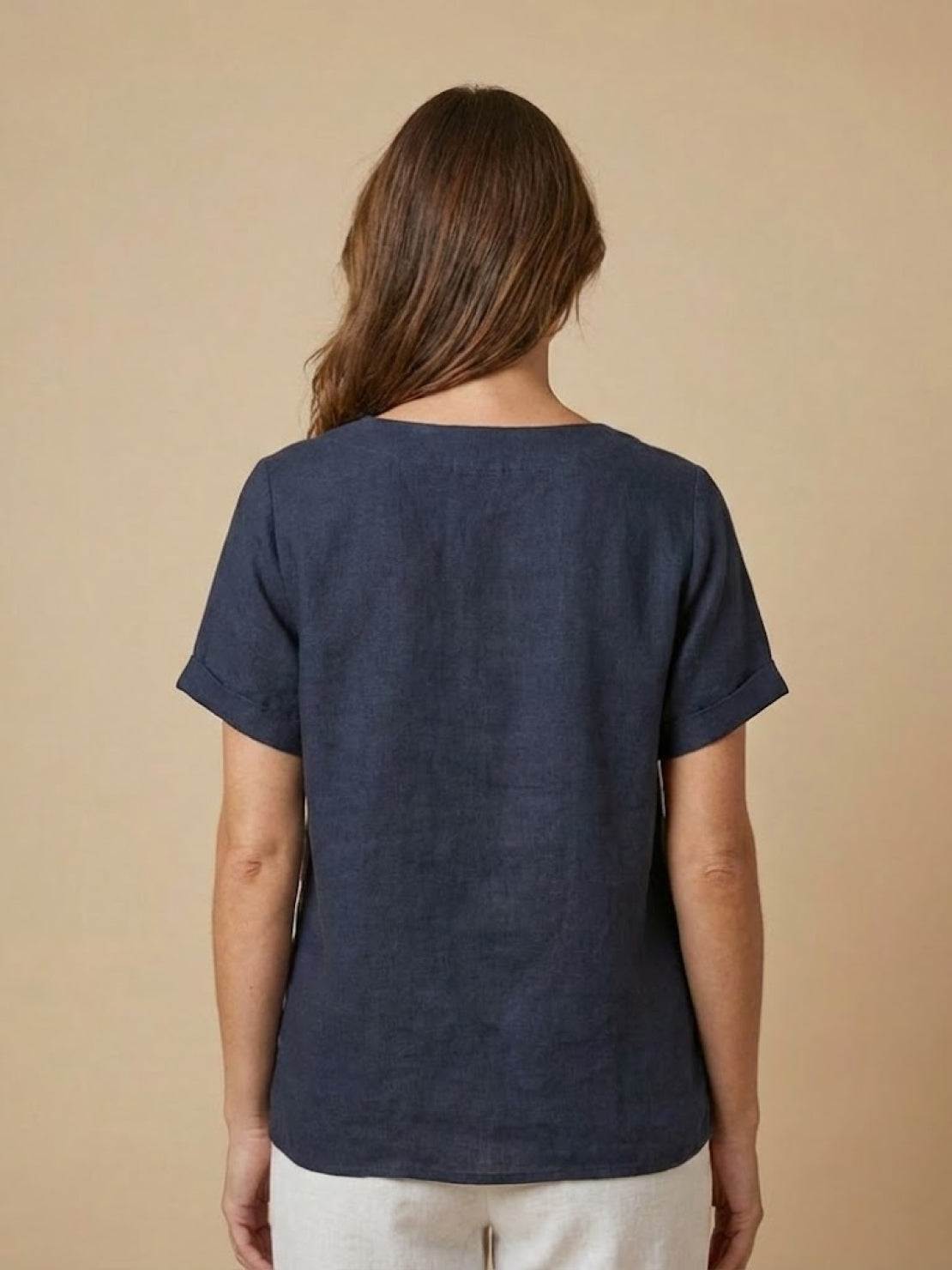 Alethea | Elegant Olive Women’s Linen Round Neck Button Blouse