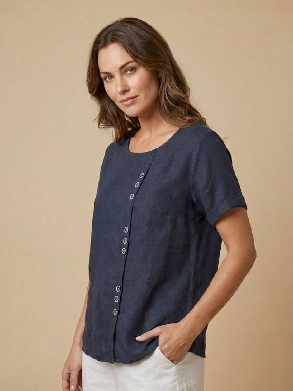 Alethea | Elegant Olive Women’s Linen Round Neck Button Blouse