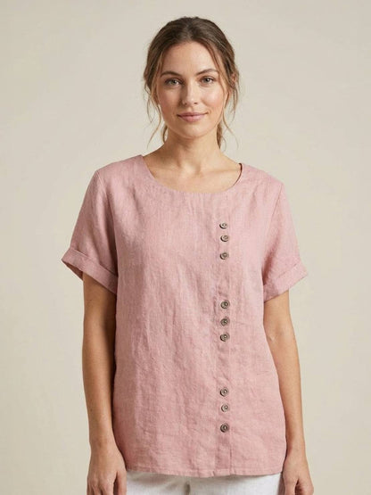 Alethea | Elegant Olive Women’s Linen Round Neck Button Blouse
