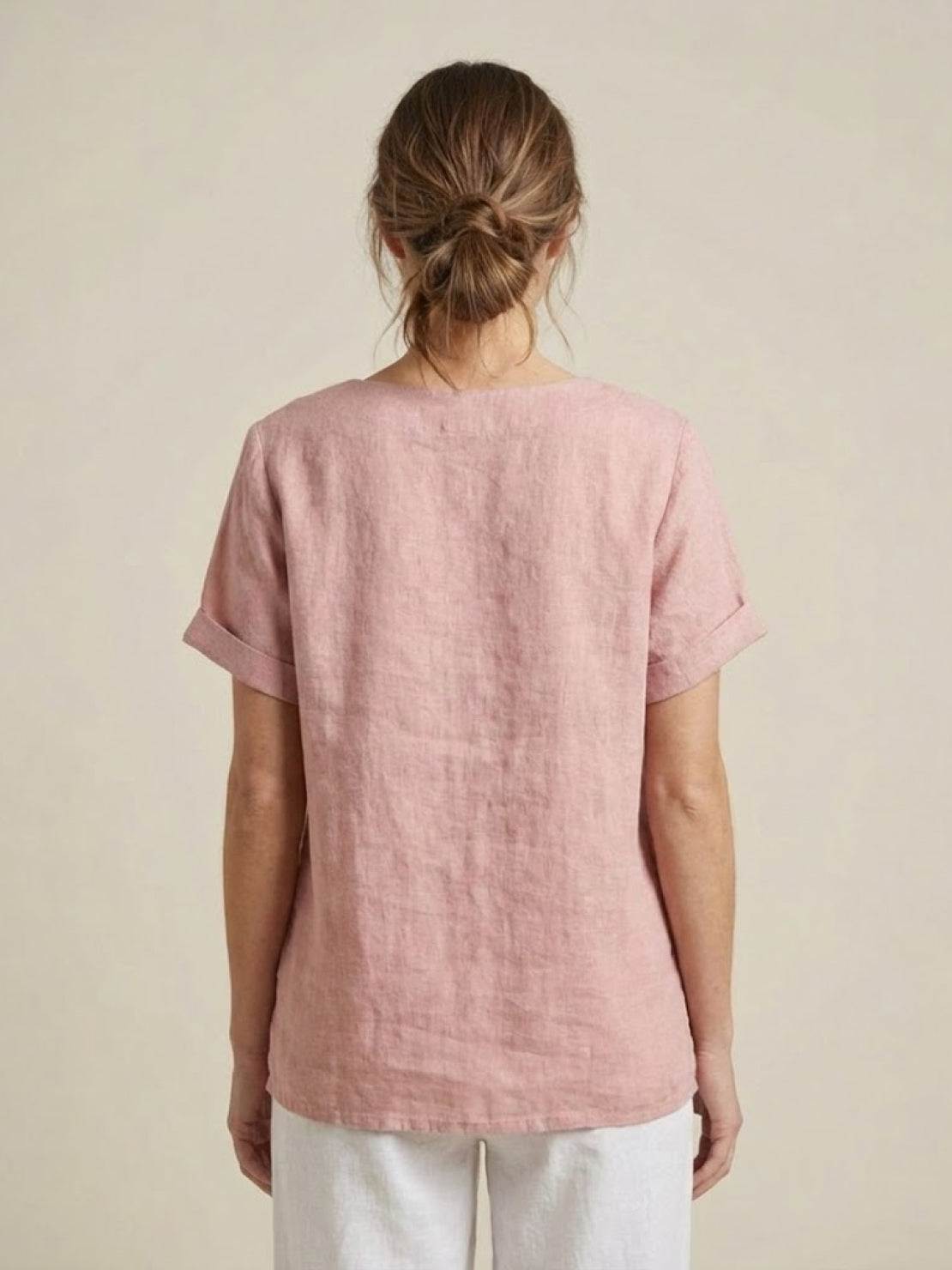 Alethea | Elegant Olive Women’s Linen Round Neck Button Blouse