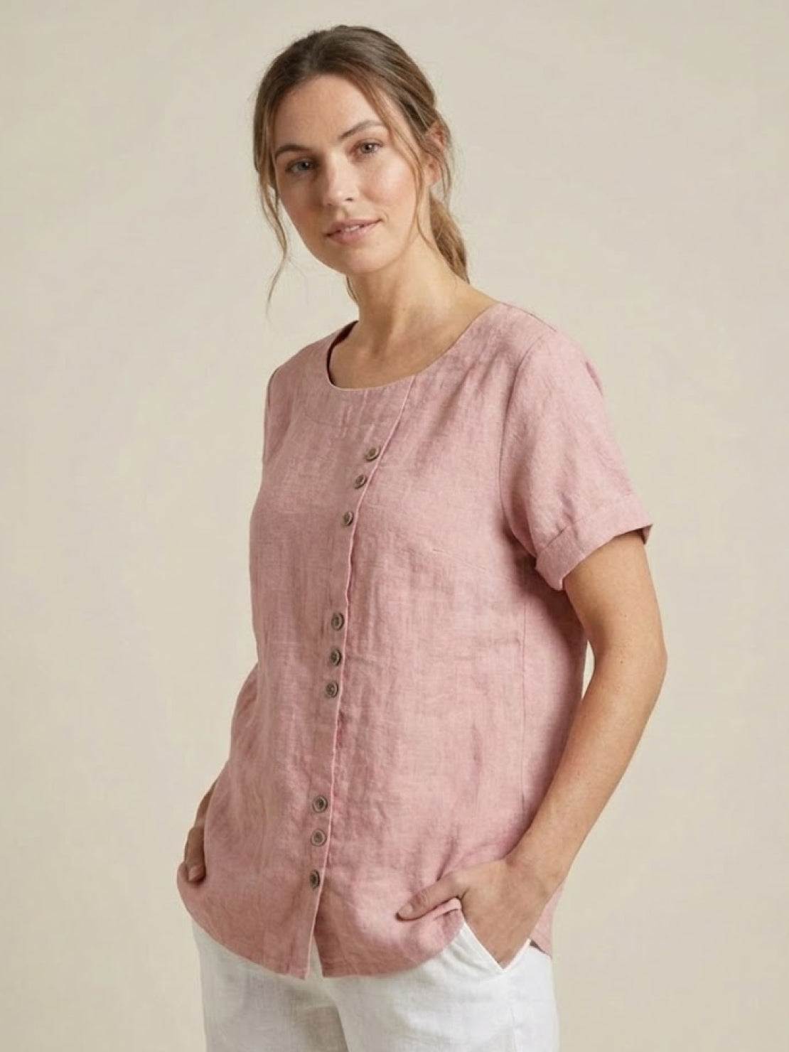 Alethea | Elegant Olive Women’s Linen Round Neck Button Blouse