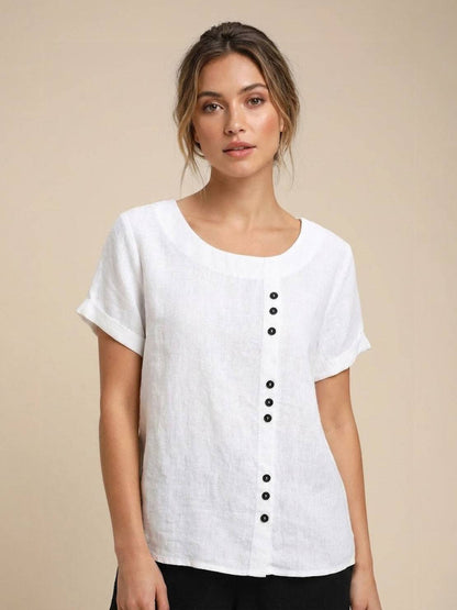 Alethea | Elegant Olive Women’s Linen Round Neck Button Blouse