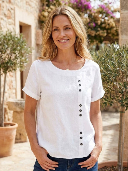 Alethea | Elegant Olive Women’s Linen Round Neck Button Blouse