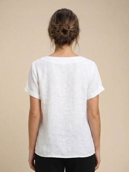Alethea | Elegant Olive Women’s Linen Round Neck Button Blouse