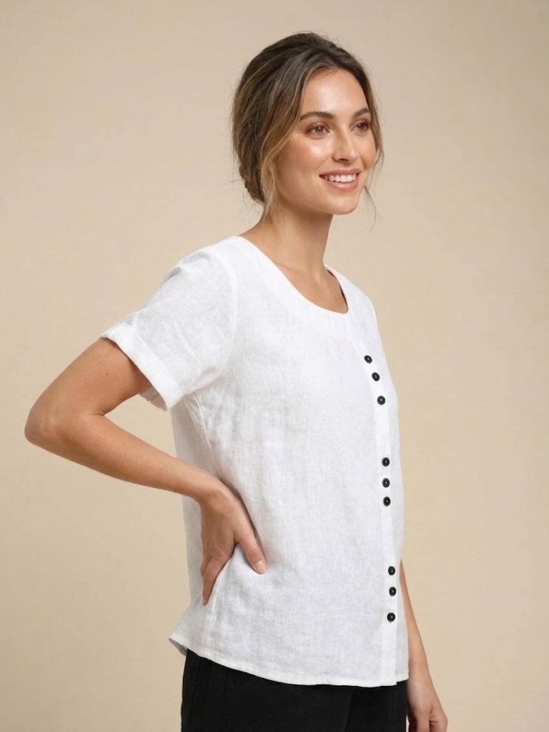 Alethea | Elegant Olive Women’s Linen Round Neck Button Blouse