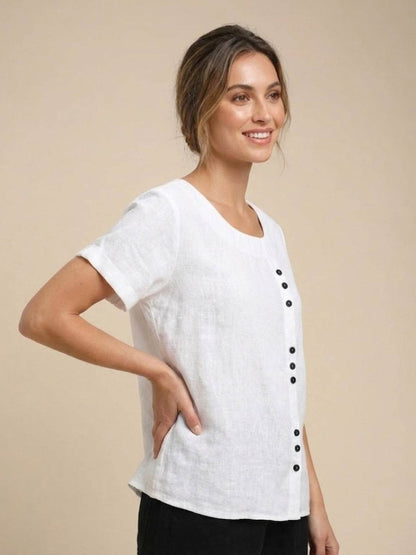 Alethea | Elegant Olive Women’s Linen Round Neck Button Blouse