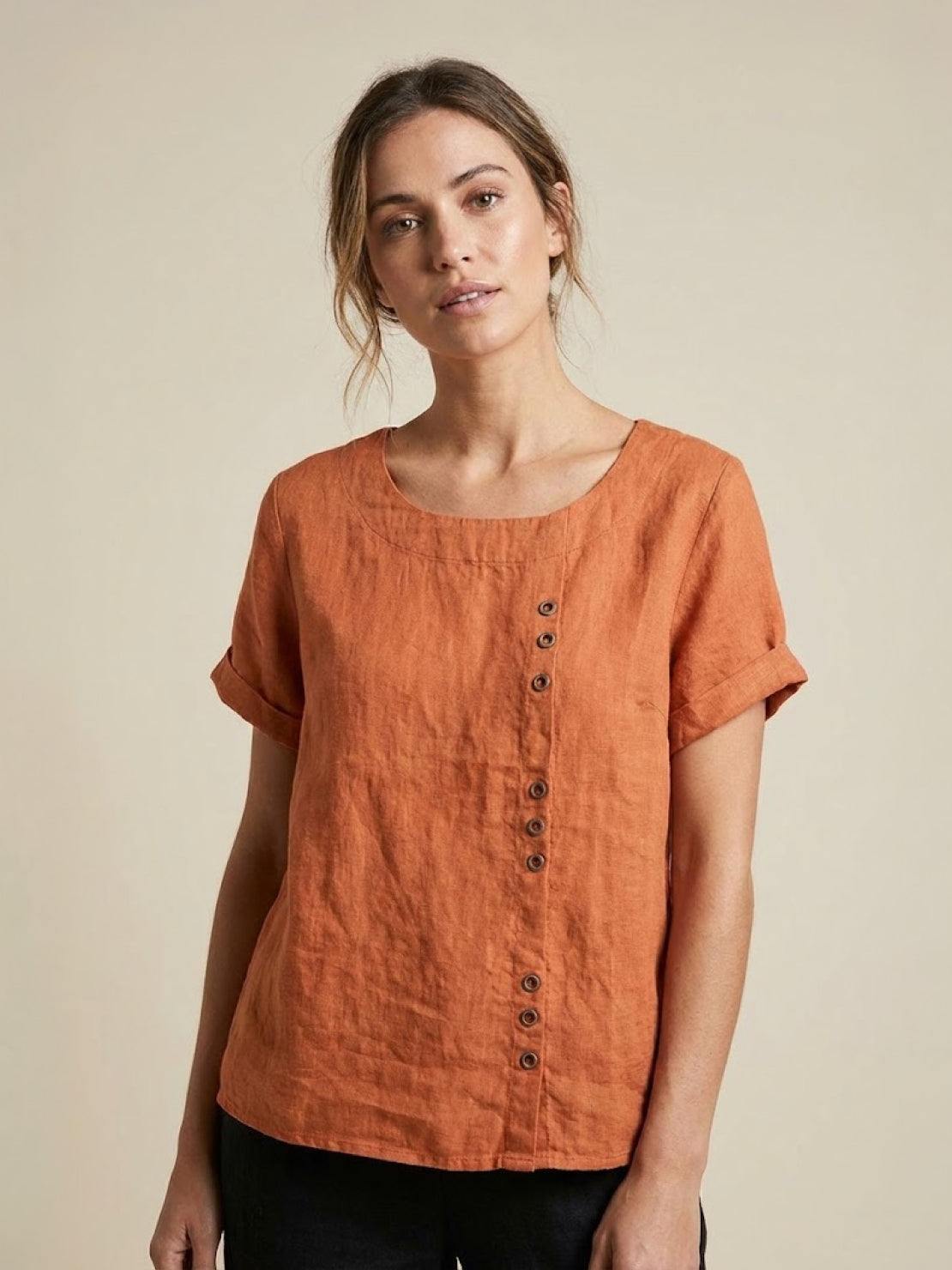 Alethea | Elegant Olive Women’s Linen Round Neck Button Blouse