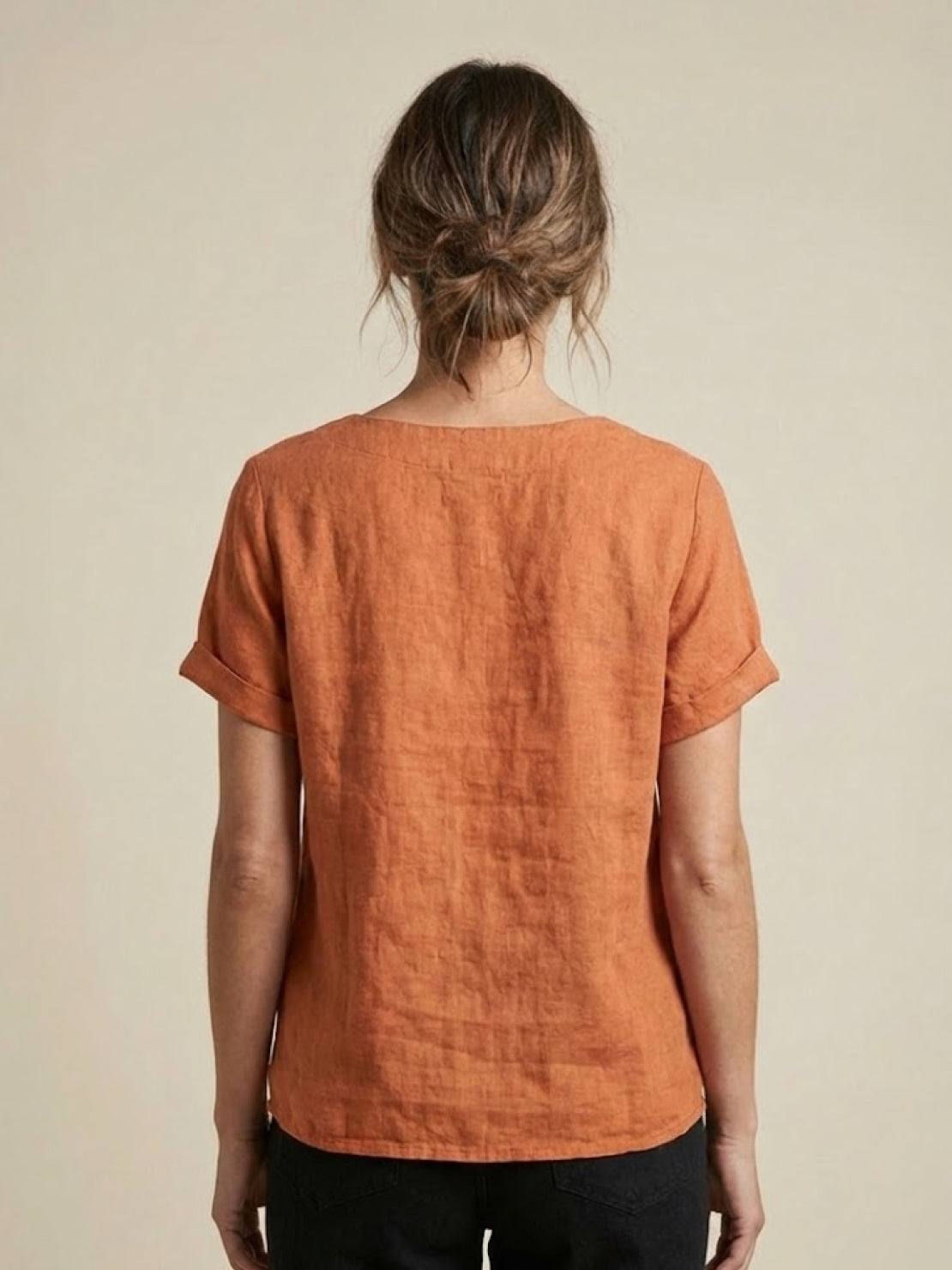 Alethea | Elegant Olive Women’s Linen Round Neck Button Blouse