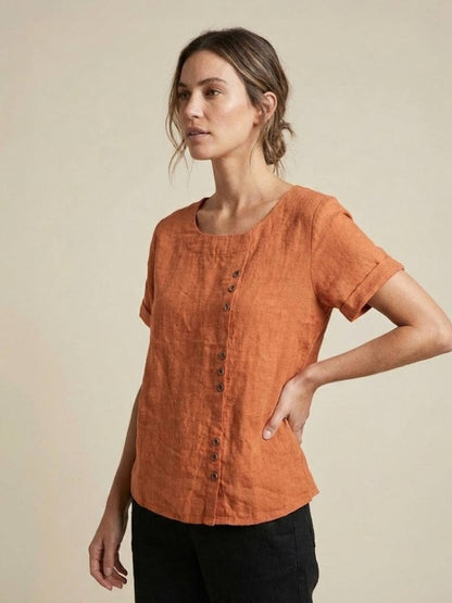 Alethea | Elegant Olive Women’s Linen Round Neck Button Blouse