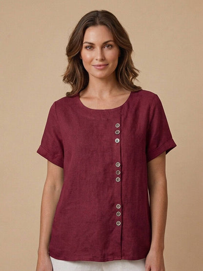Alethea | Elegant Olive Women’s Linen Round Neck Button Blouse
