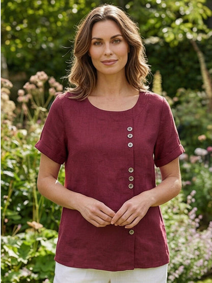 Alethea | Elegant Olive Women’s Linen Round Neck Button Blouse