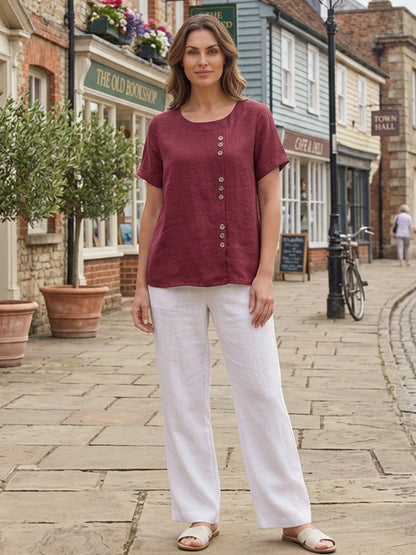 Alethea | Elegant Olive Women’s Linen Round Neck Button Blouse