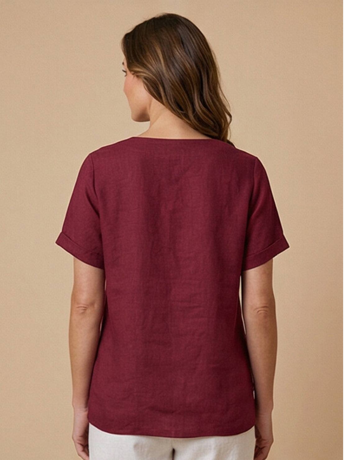 Alethea | Elegant Olive Women’s Linen Round Neck Button Blouse