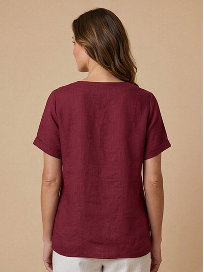 Alethea | Elegant Olive Women’s Linen Round Neck Button Blouse