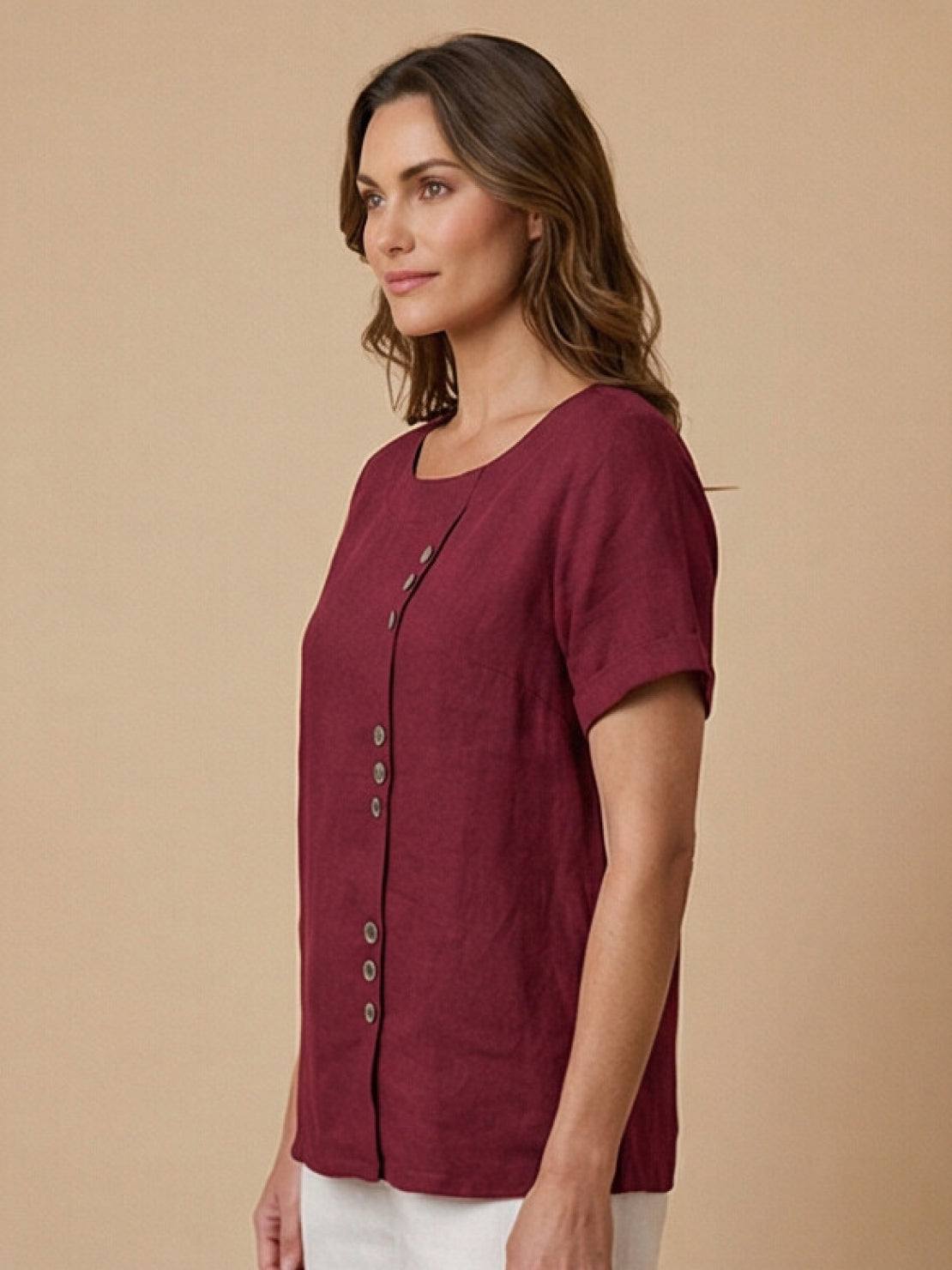 Alethea | Elegant Olive Women’s Linen Round Neck Button Blouse